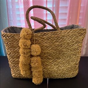 Hat Attack Tan Straw Tote with Pom Poms